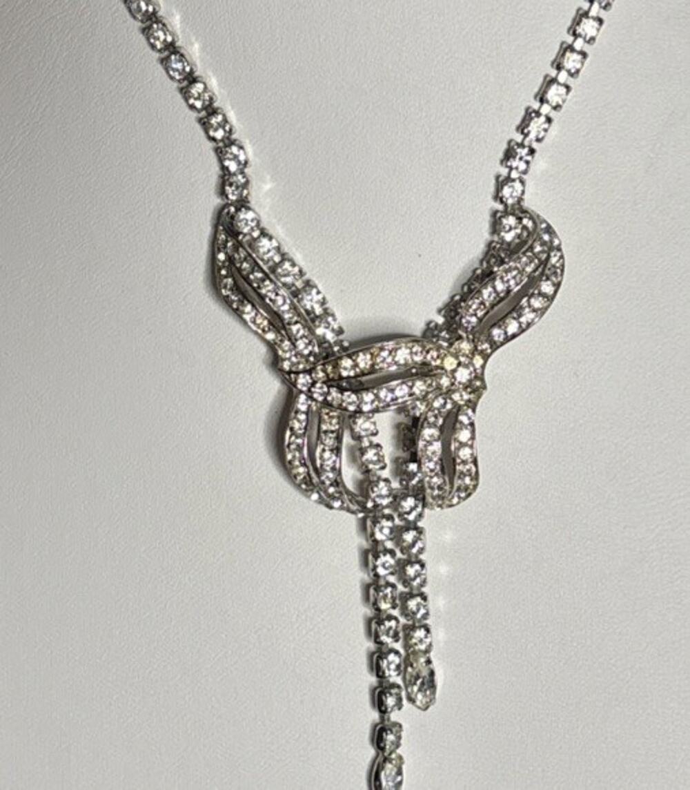 Vintage LEDO Polcini Clear Rhinestone Bow Butterfly Lariat Necklace Signed